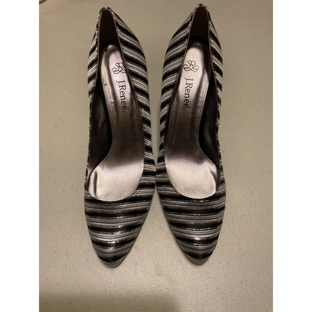 J Renee Womens Striped‎ Pointed Toe Stiletto Heels Shoes Black Silver Size 11M